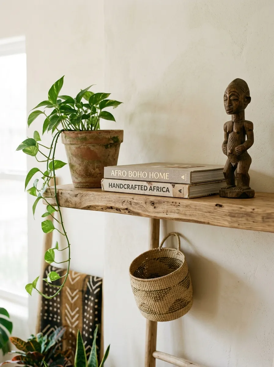 23 Afro Boho Living Room Ideas That Feel Warm, Authentic, Stylish, and Truly Lived In 17 Raw edge wood floating shelf with trailing pothos, carved figure, and woven basket in an African Boho living room