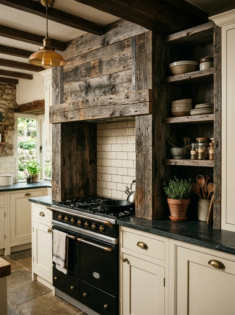 23 Rustic Farmhouse Kitchen Ideas That Use Quiet Design Rules to Create a Timeless Look 13 Reclaimed barn wood hood surround with visible grain and nail holes in a rustic farmhouse kitchen with cream cabinetry and warm lighting.