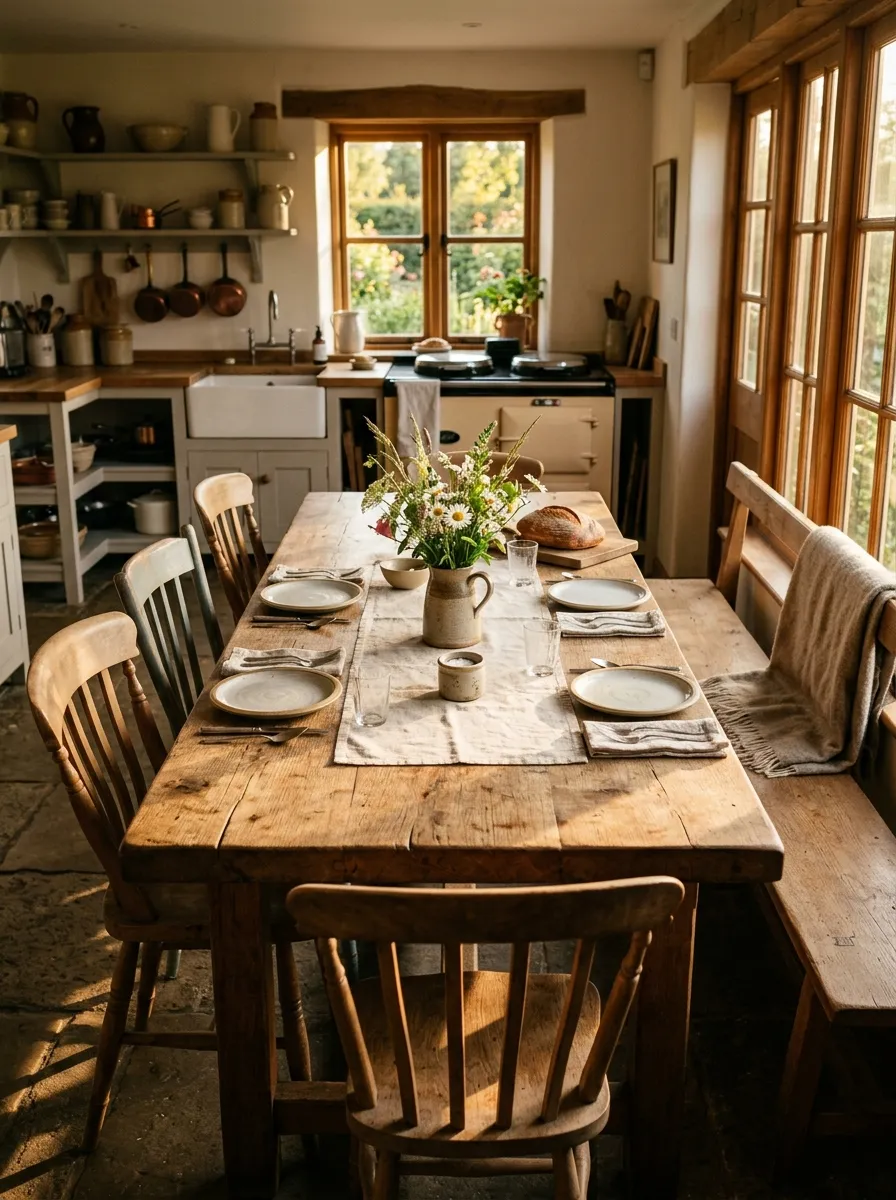 23 Rustic Farmhouse Kitchen Ideas That Use Quiet Design Rules to Create a Timeless Look 19 Thick reclaimed oak farmhouse dining table with mismatched chairs and wooden bench in a warm rustic kitchen flooded with afternoon light.