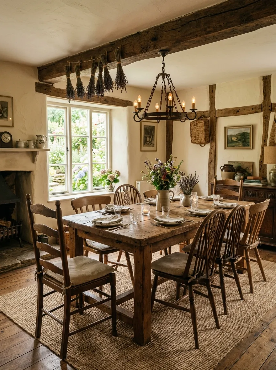 21 Earthy Cottage Decorating Ideas That Transform Your Home Into a Calm and Cozy Retreat 7 Reclaimed oak dining table with mismatched linen chairs and dried lavender in a warm earthy cottage dining room