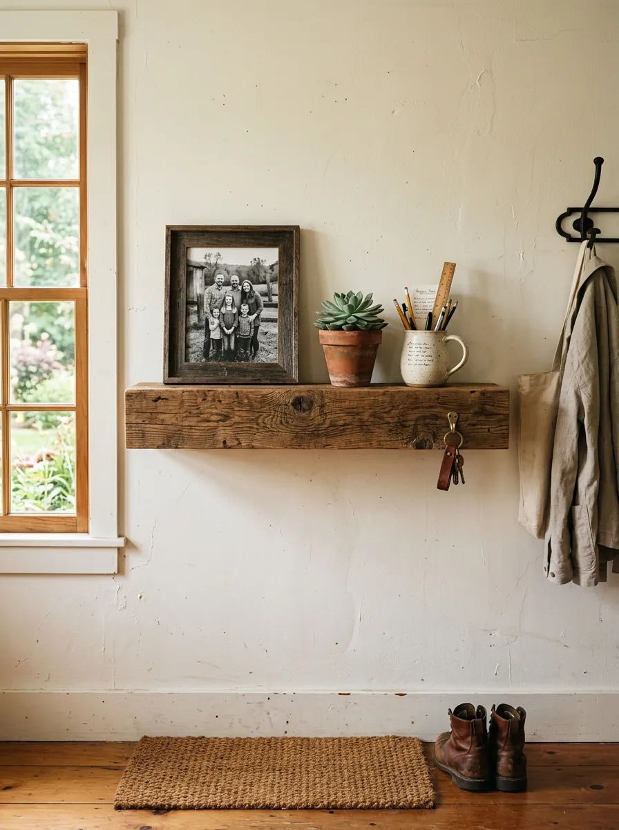 Reclaimed wood floating shelf in farmhouse entryway with framed photo, succulent pot, and ceramic mug on white painted wall