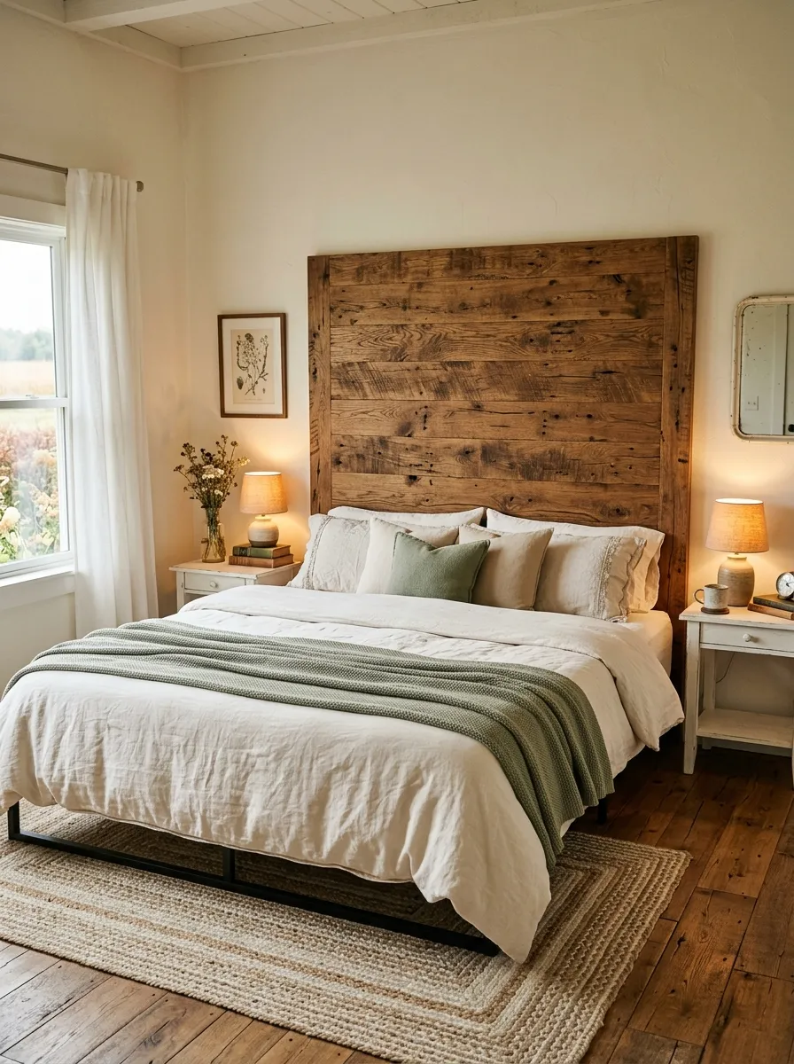 Rustic reclaimed wood headboard in a cozy farmhouse bedroom with linen bedding and ceramic table lamps