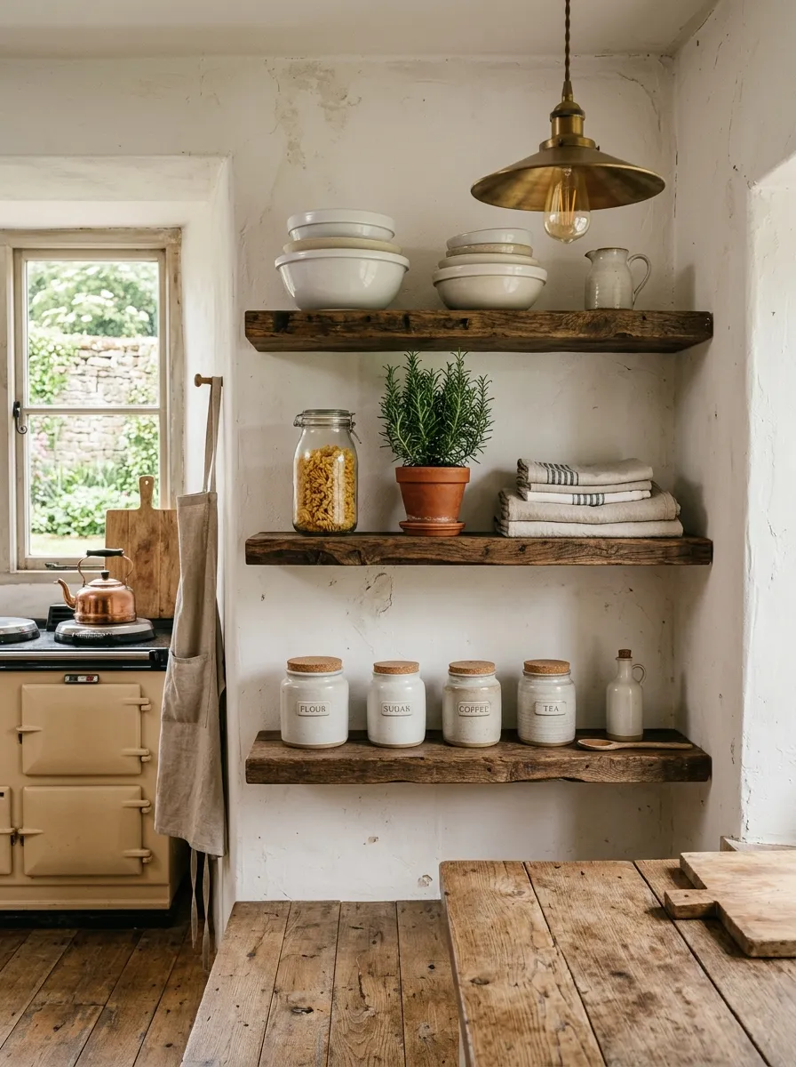 21 Earthy Cottage Decorating Ideas That Transform Your Home Into a Calm and Cozy Retreat 16 Reclaimed wood open shelves holding stoneware bowls and ceramic canisters in a warm farmhouse cottage kitchen