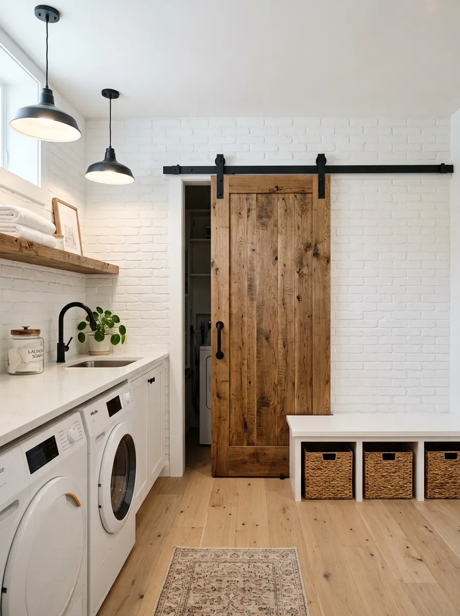 16 Basement Laundry Room Ideas That Use Smart Design Principles to Make Every Inch Work Better 9 Basement laundry room with reclaimed wood sliding barn door on matte black rail over white brick wall and built in bench