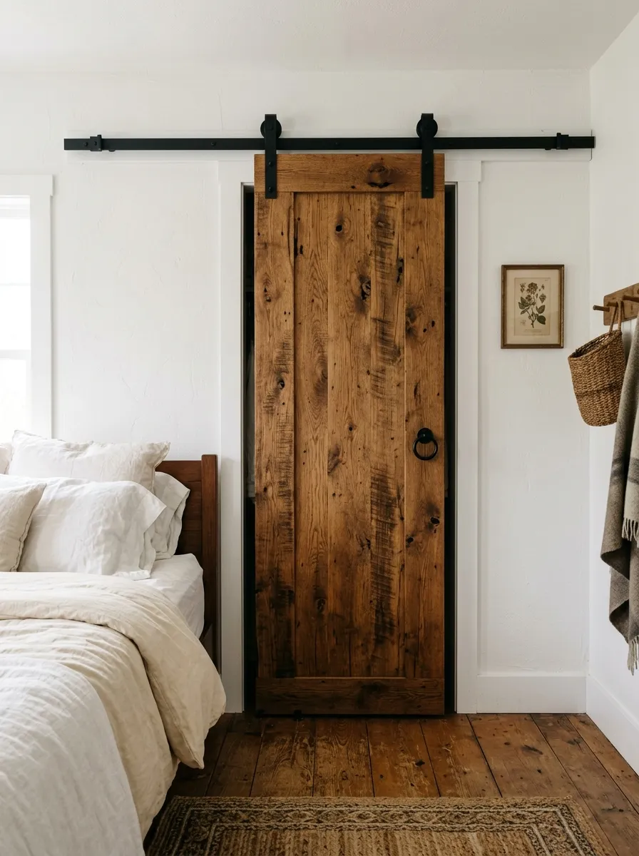 Sliding reclaimed wood barn door on black iron track covering a farmhouse bedroom closet in warm natural light