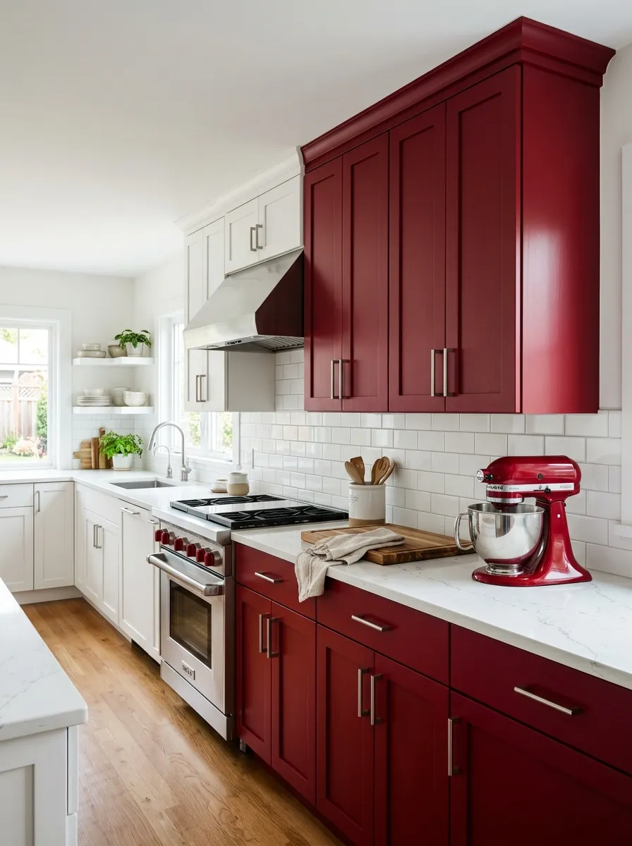 Deep cherry red accent cabinets on one wall surrounded by white cabinets, with matching red mixer and white quartz countertops