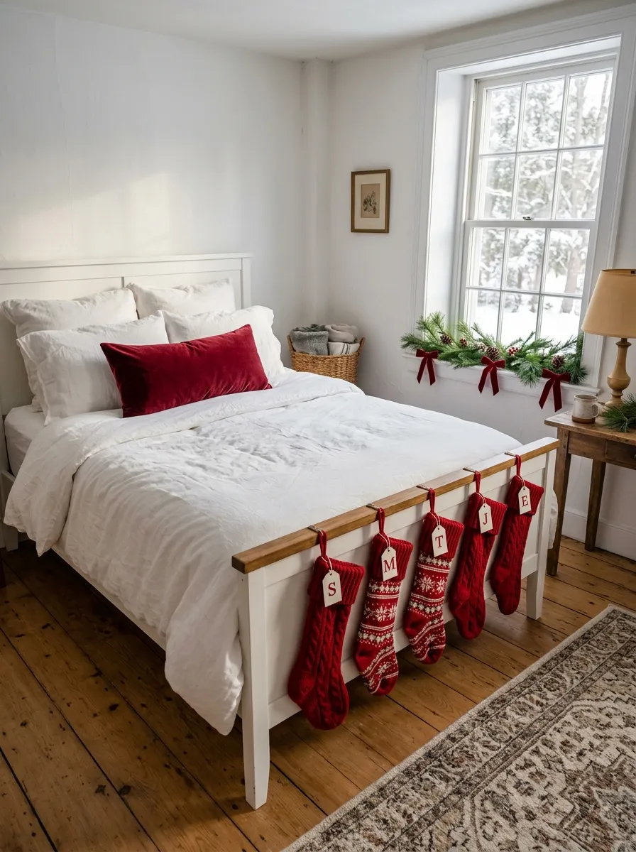 21 Christmas Bedroom Ideas That Make Your Space Feel Magical, Cozy, and Full of Holiday Charm 11 A bright white bedroom with red velvet pillows and Christmas stockings showing simple red accent Christmas Bedroom Ideas.