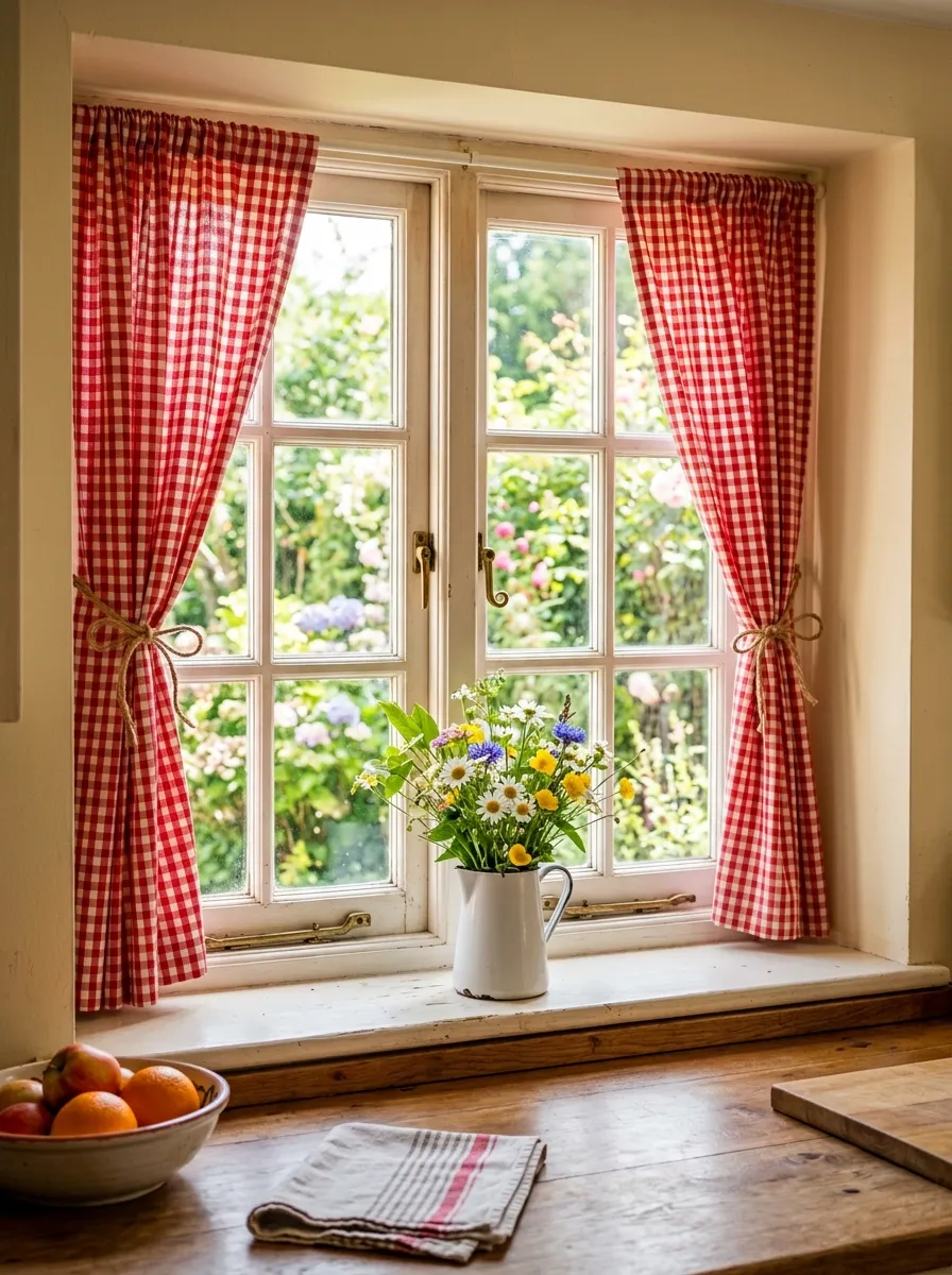 Red and white gingham curtains tied back at a sunny kitchen window with a cream wall and wildflower enamel jug