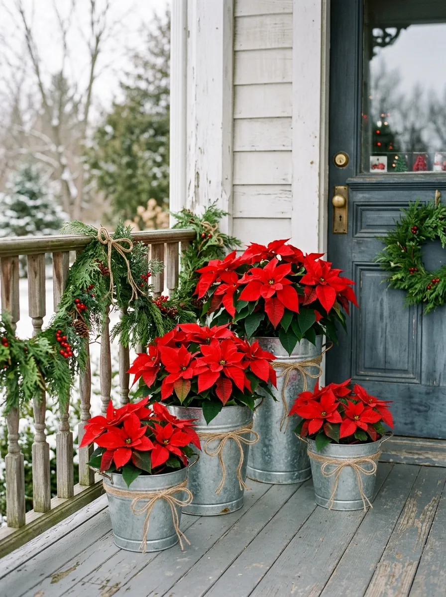 Red poinsettias in galvanized buckets clustered near front door as cheerful festive porch ideas for Christmas