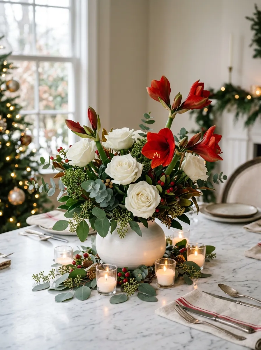 White ceramic vase with red amaryllis and white roses as stunning and beautiful Christmas centerpiece ideas