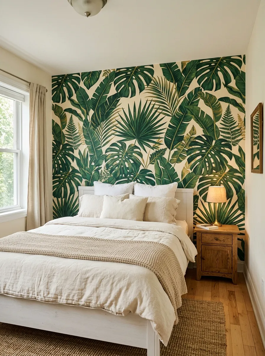 22 Colorful Apartment Decorating Ideas That Make Every Room Feel Bold, Stylish, and Cohesive 21 Peel and stick botanical wallpaper with tropical leaves in deep green and gold on an apartment bedroom accent wall