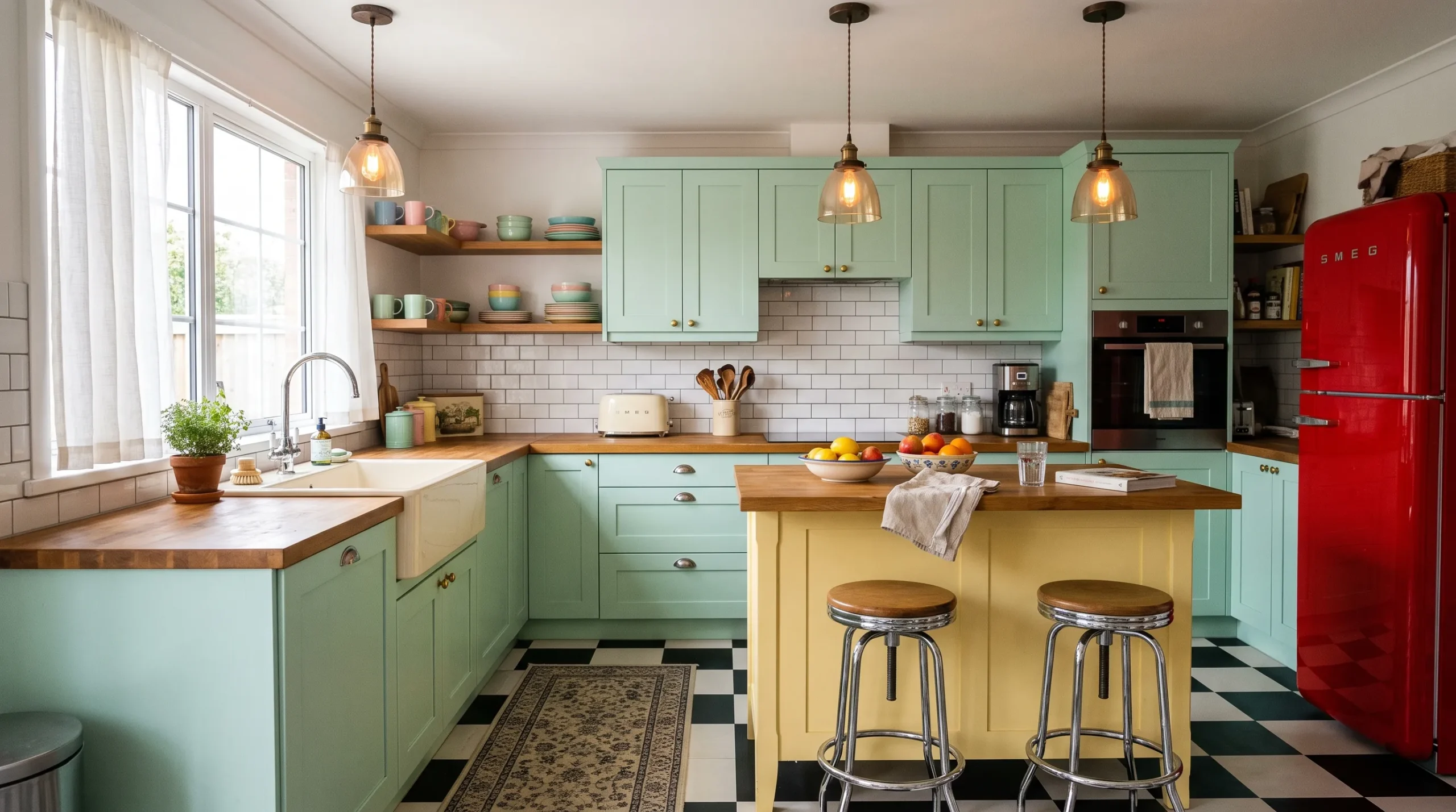 20 Retro Kitchen Ideas That Blend Vintage Charm With a Pinterest-Perfect Modern Style 22 Bright retro kitchen with mint green cabinets, checkered floor, red vintage fridge, and chrome bar stools