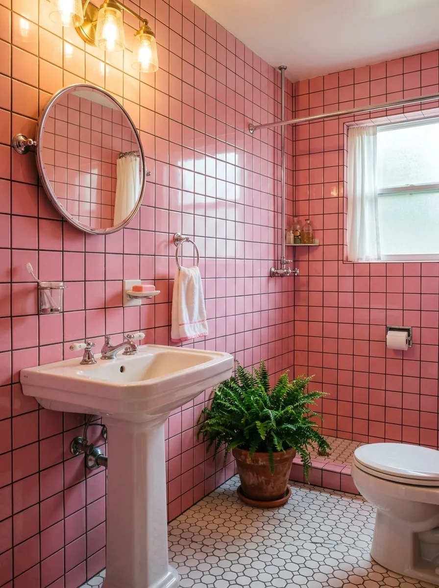 Vintage bubblegum pink tile bathroom with chrome fixtures, white hexagon floors, and retro accessories