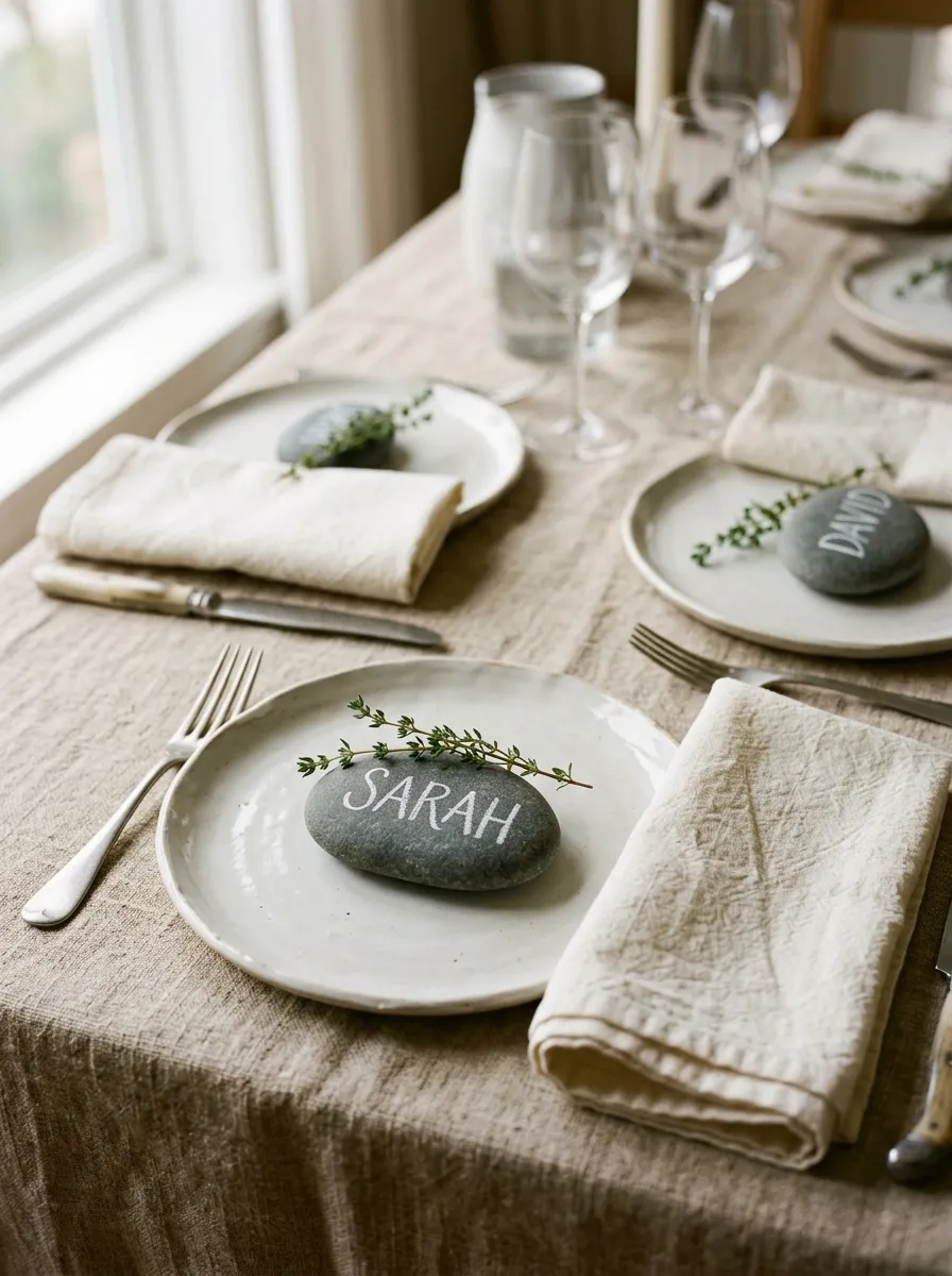 Smooth river stones with hand lettered names as natural place card holders for a personalized table setting idea