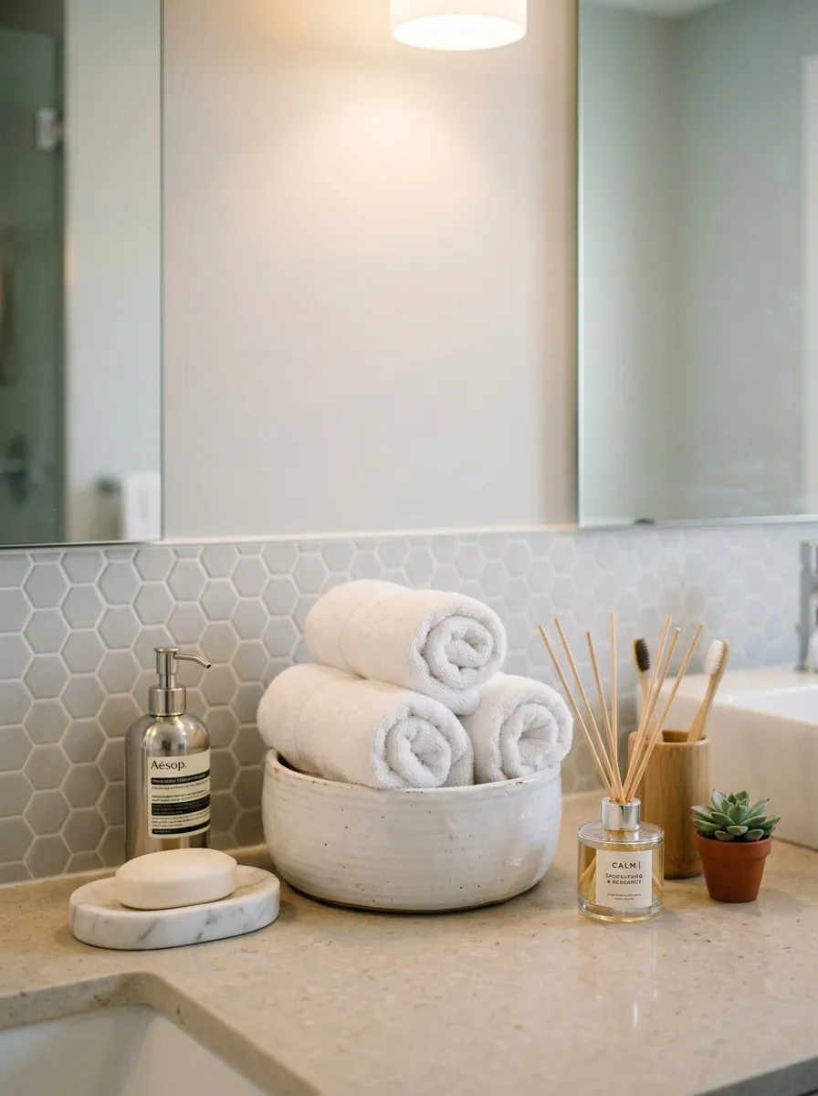 17 Bathroom Counter Styling Ideas for an Instant Aesthetic Glow Up That Looks Expensive 3 Counter styling ideas with rolled white towels in ceramic basket, marble soap dish, and reed diffuser on beige quartz