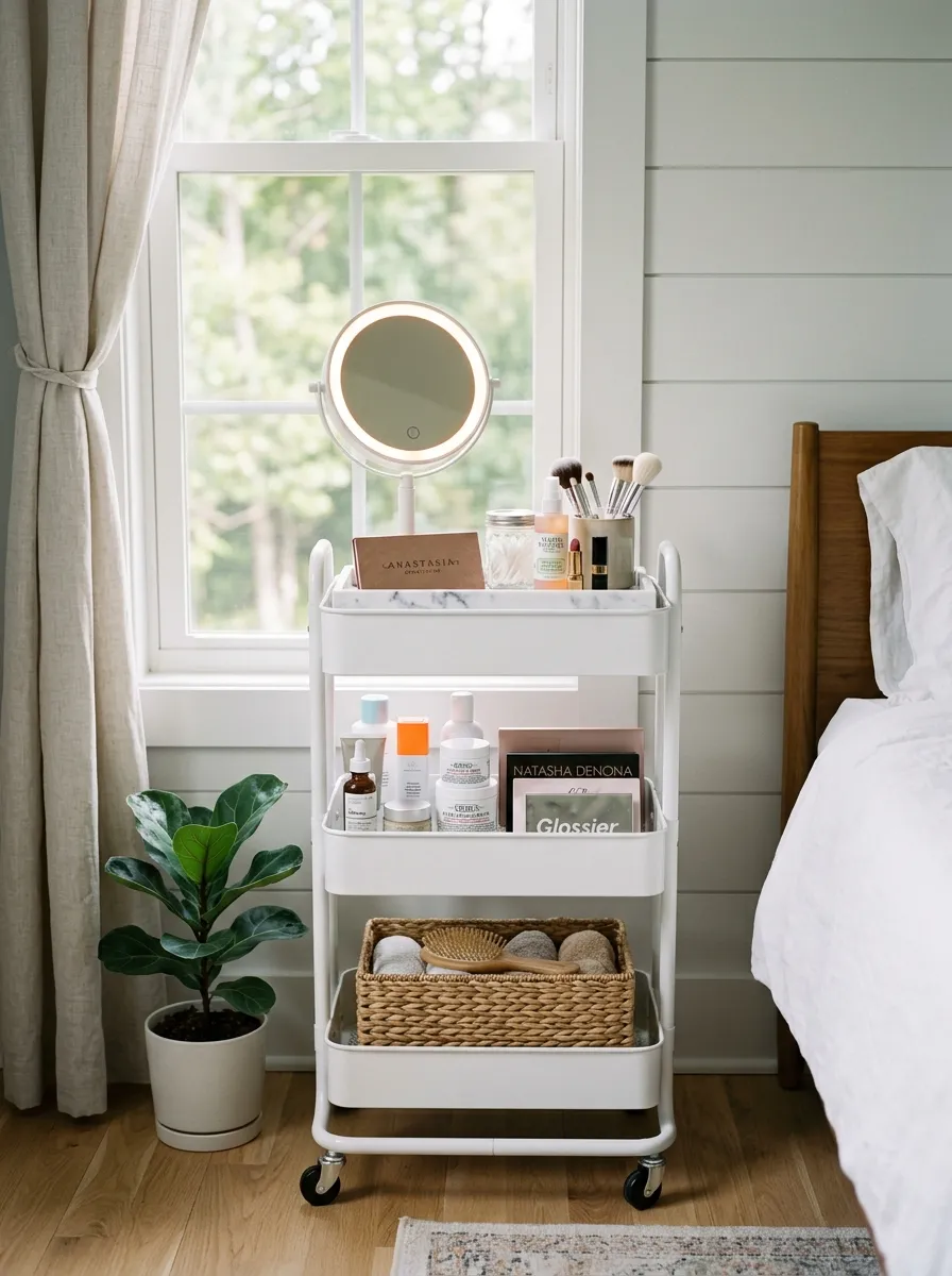 19 Small Bedroom Vanity Ideas to Create an Instagram Worthy Beauty Space With Style 2 White rolling cart styled as a small vanity station with a lighted mirror and organized beauty products