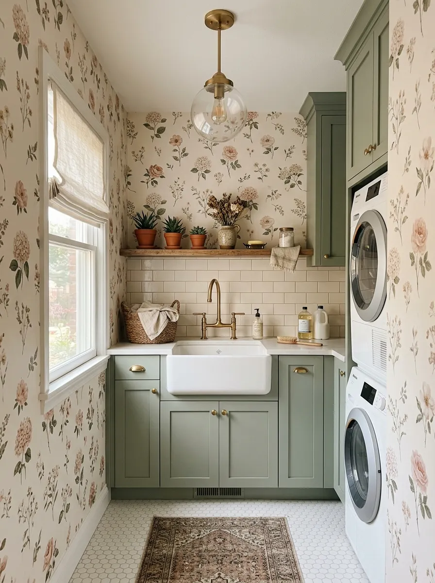 Romantic laundry room with soft blush botanical wallpaper ideas for laundry room, sage green shaker cabinetry, brass hardware, and open floating shelf