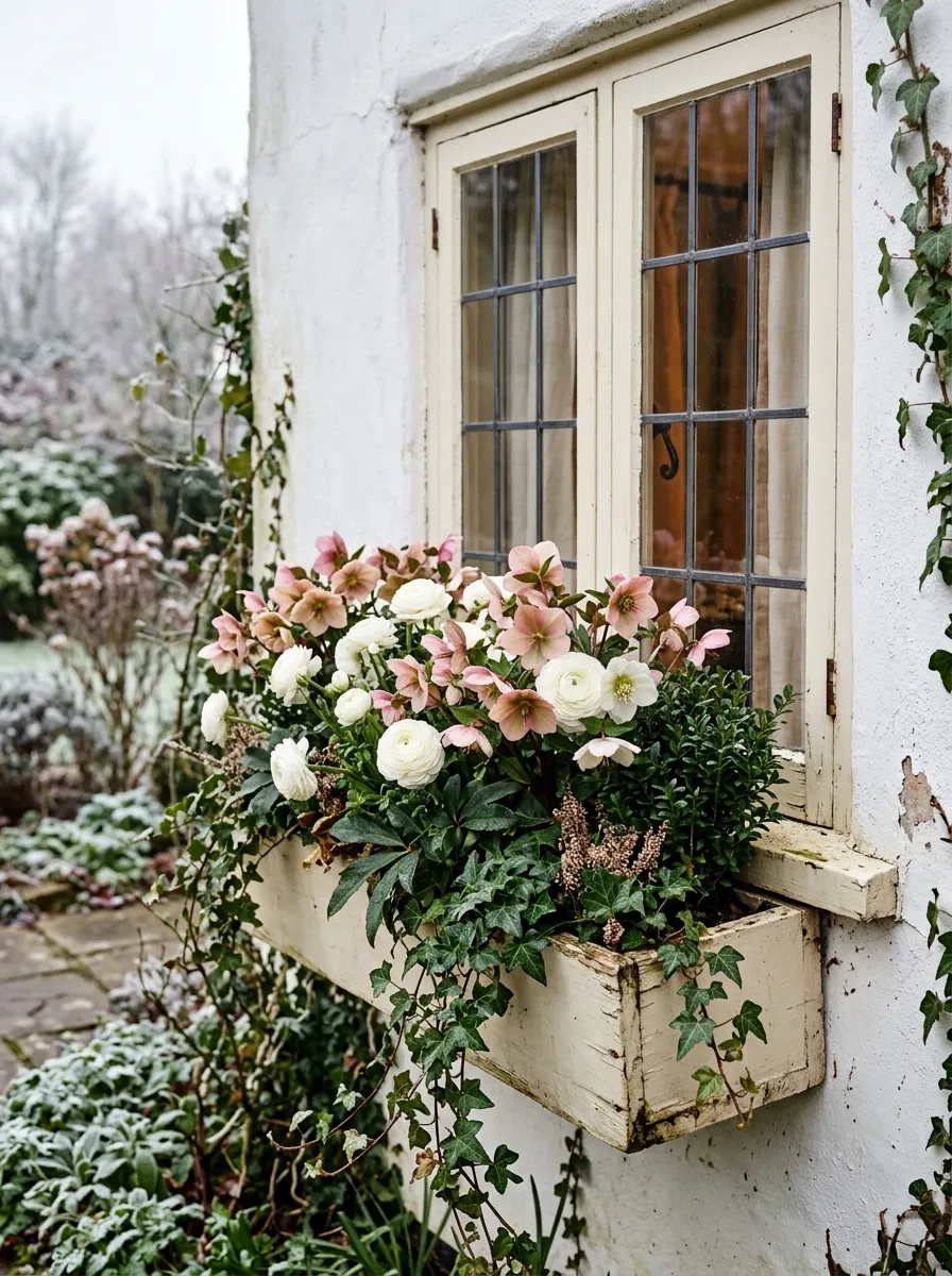 18 Winter Window Box Ideas That Bring Magical Seasonal Charm to Your Home Exterior 9 Romantic cottage style winter window box with hellebore blooms, ranunculus, and trailing ivy in blush and ivory