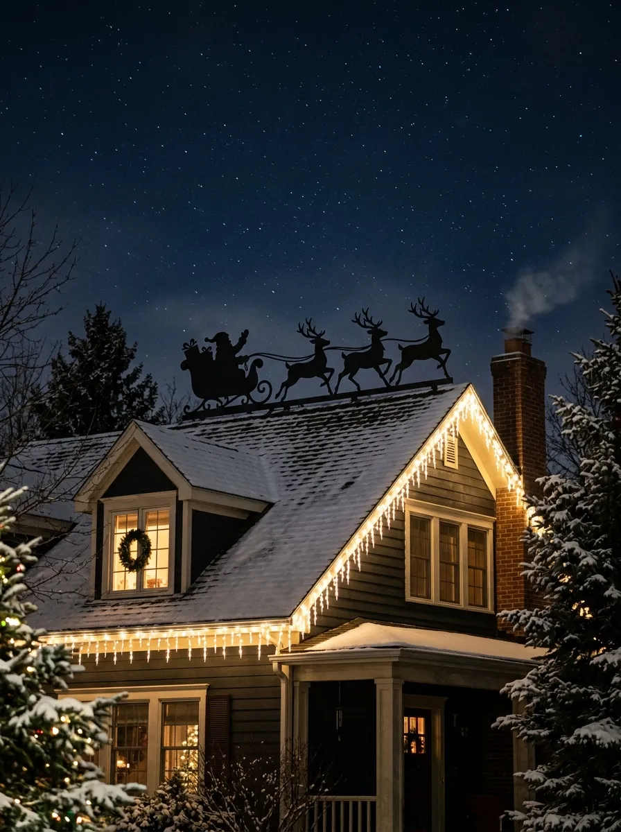 Black metal Santa sleigh silhouette on roofline with icicle lights below as festive outdoor Christmas displays
