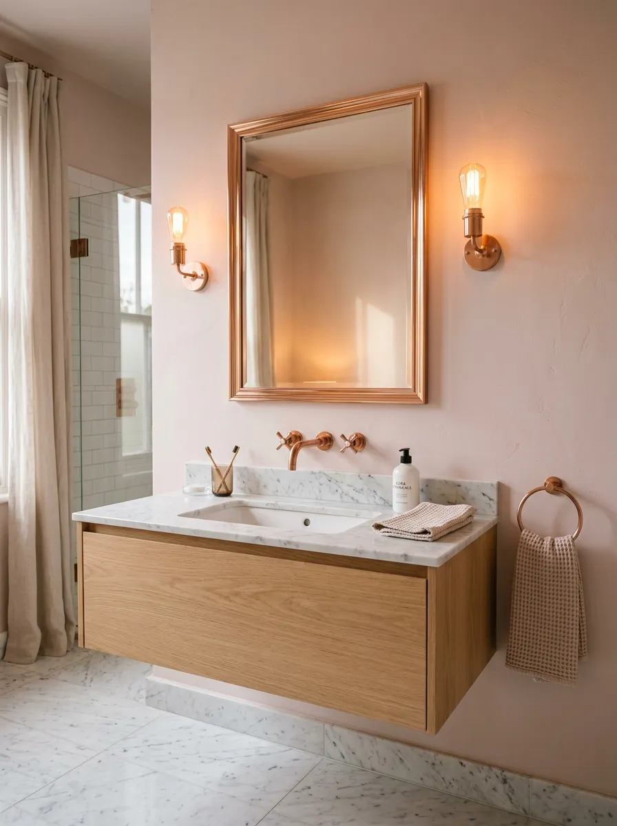 Elegant rose gold fixture bathroom with pale pink walls, marble floors, and warm sconce lighting pink bathroom design