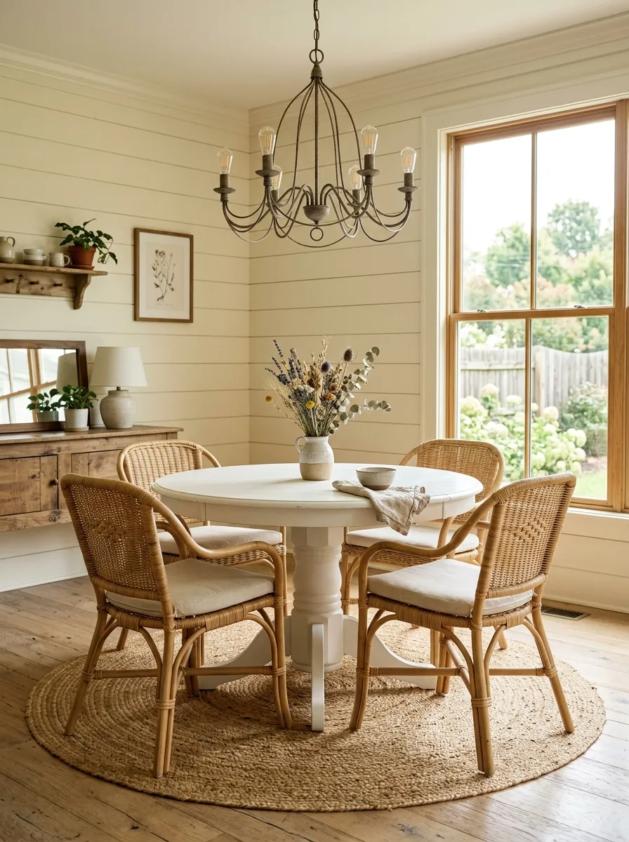 Modern farmhouse dining room with round white pedestal table, rattan chairs, jute rug, and vintage chandelier on cream shiplap walls