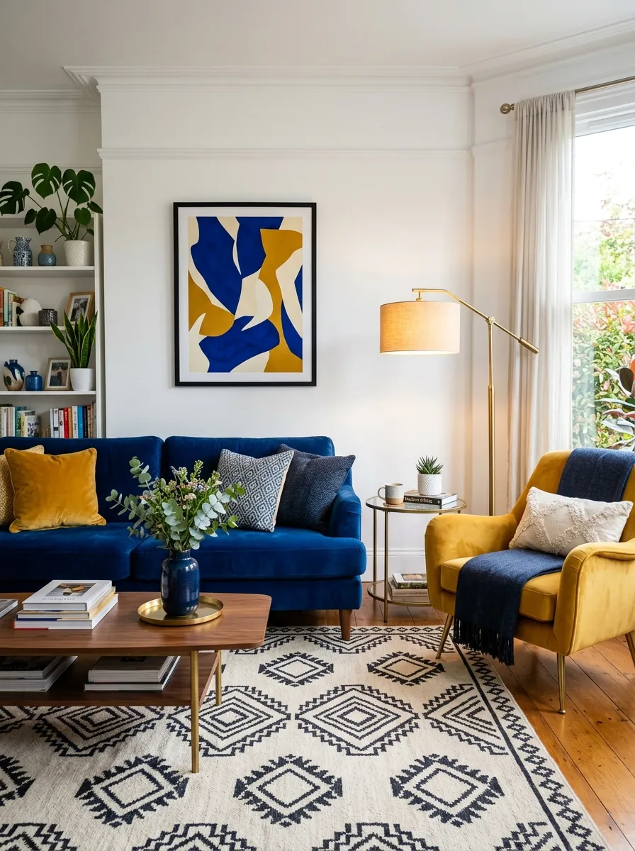 Deep royal blue sofa with mustard yellow velvet armchair, abstract art, and brass floor lamp in a bold living room