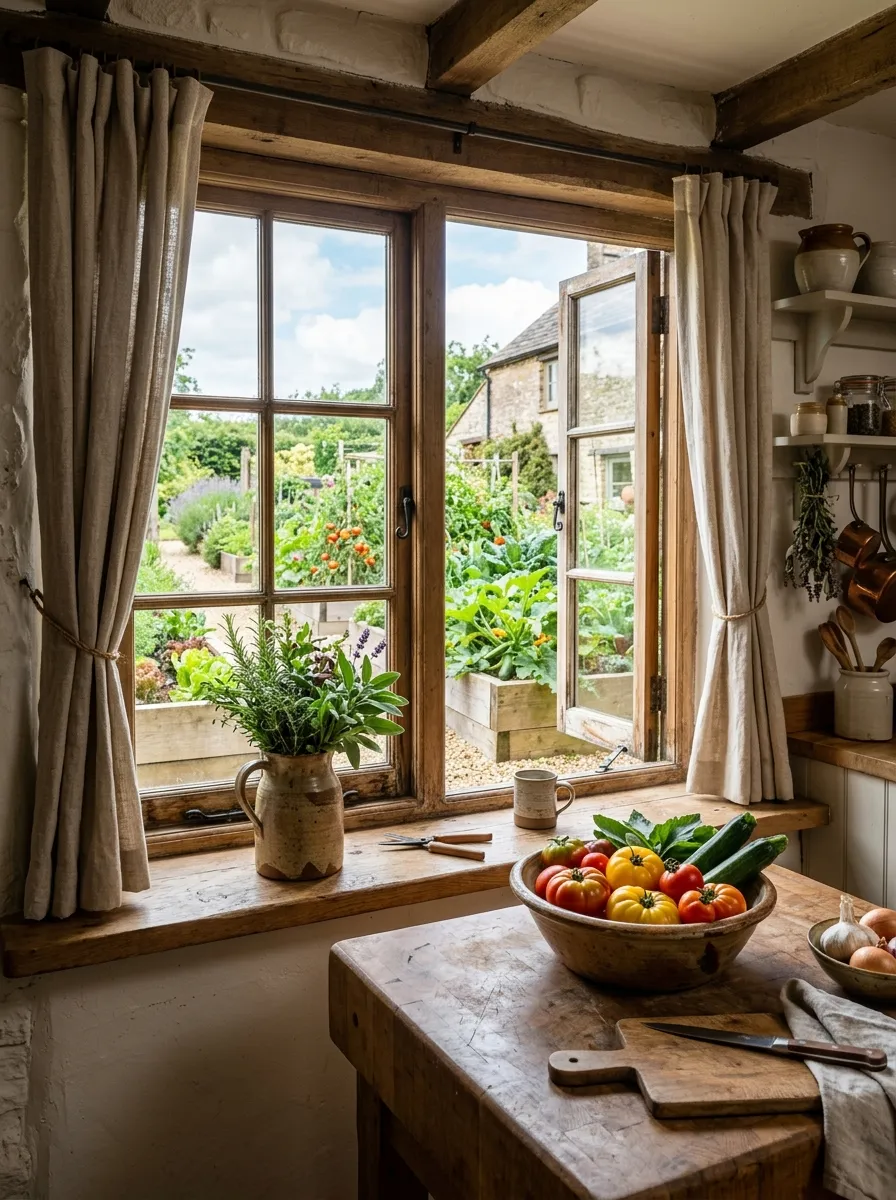 23 Rustic Farmhouse Kitchen Ideas That Use Quiet Design Rules to Create a Timeless Look 20 Rustic farmhouse kitchen window overlooking kitchen garden with herbs and vegetables, stoneware pitcher and fresh produce on the butcher block island.