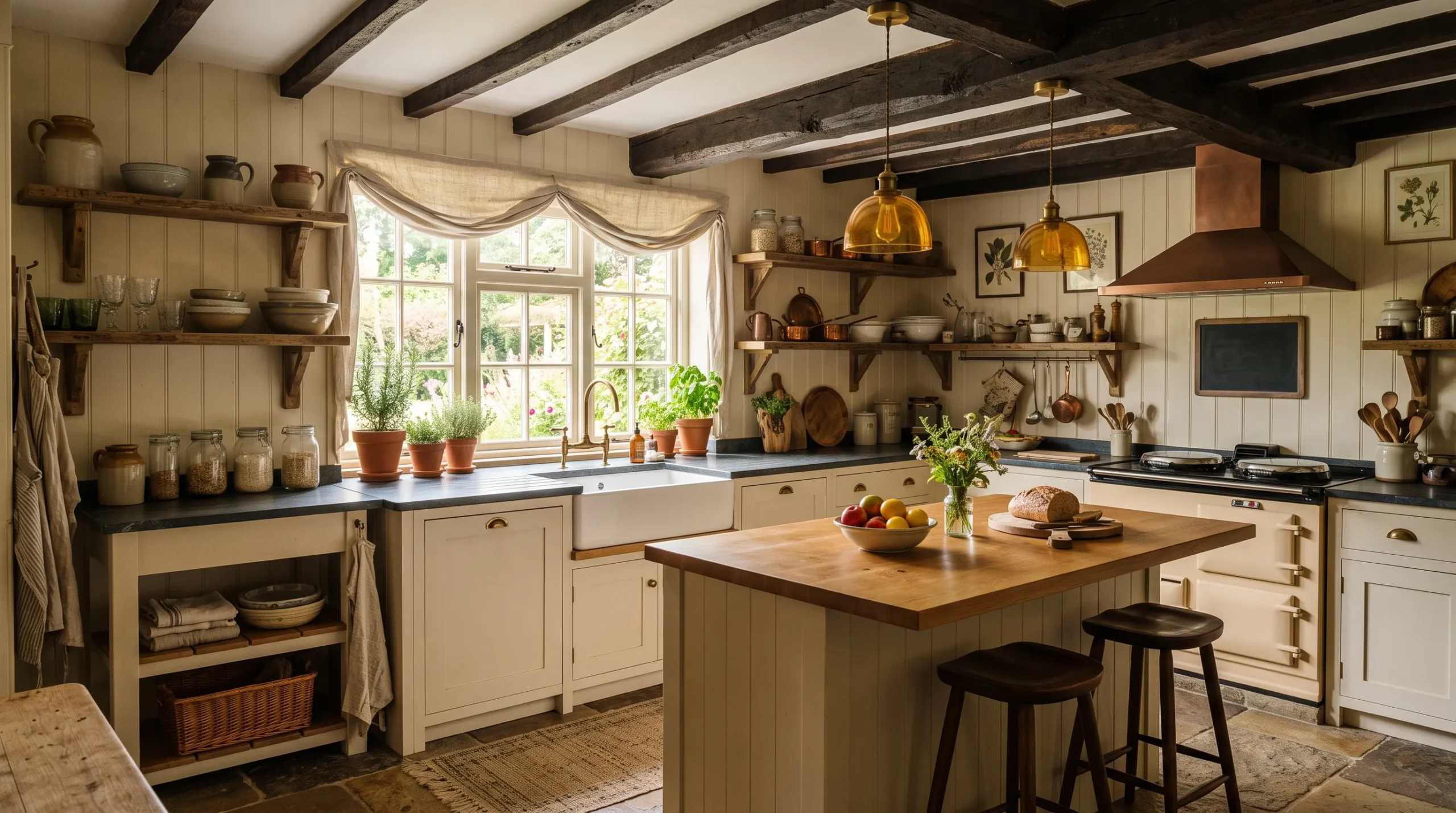 23 Rustic Farmhouse Kitchen Ideas That Use Quiet Design Rules to Create a Timeless Look 2 Warm rustic farmhouse kitchen with exposed ceiling beams, apron sink, butcher block island, and aged brass fixtures in morning light.