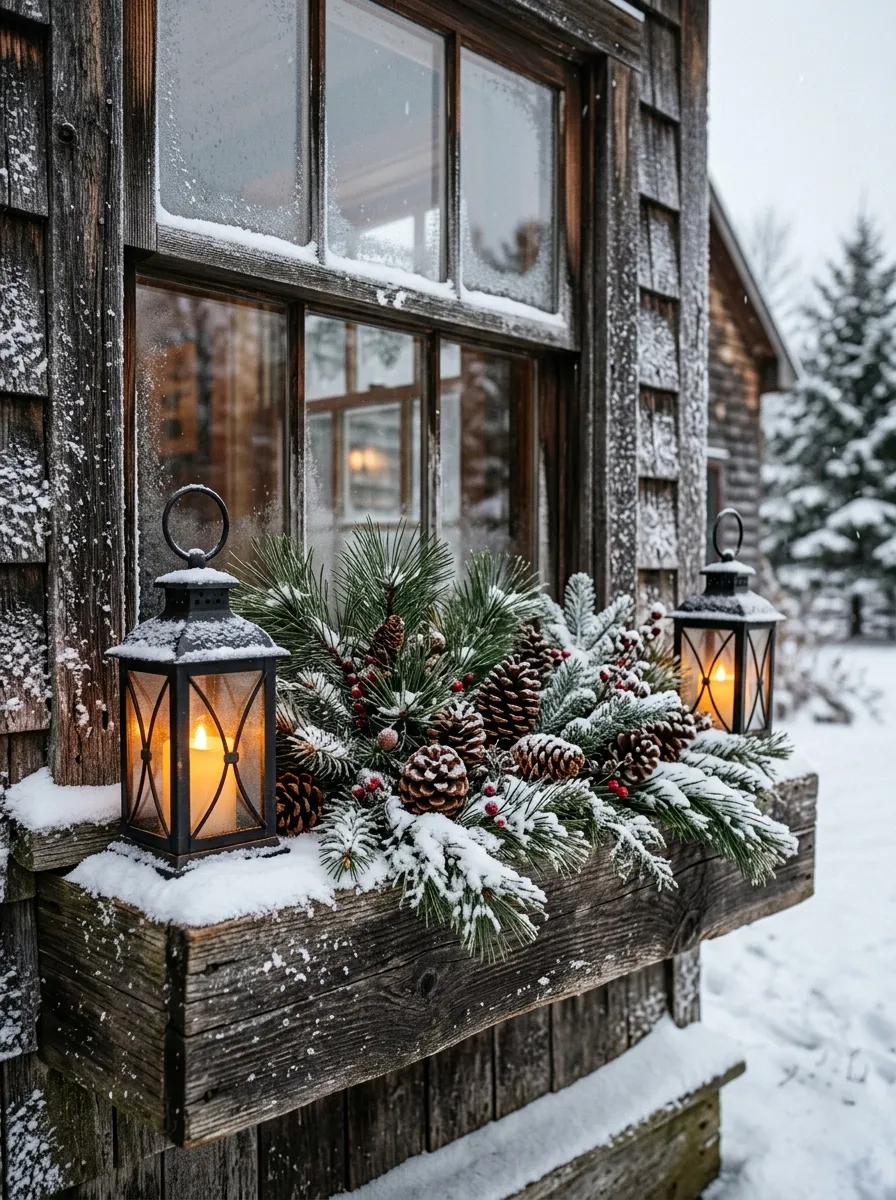 18 Winter Window Box Ideas That Bring Magical Seasonal Charm to Your Home Exterior 3 Farmhouse window box with black iron lanterns, pine branches, and pinecones creating rustic outdoor winter window arrangements