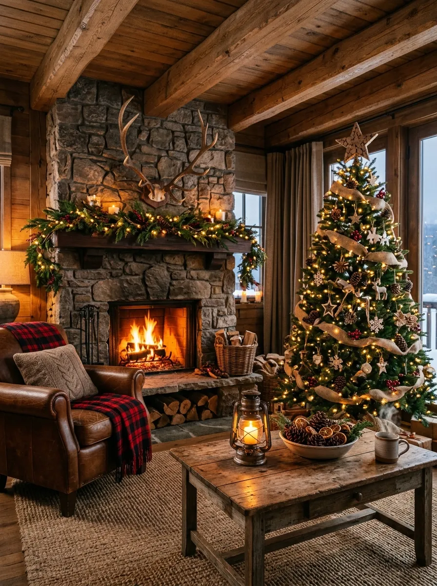 A rustic Christmas living room with exposed wood beams, leather armchair, plaid throws, and pine cone decor representing festive living room ideas
