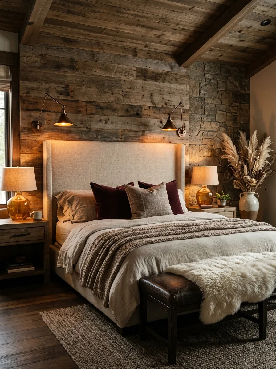 Rustic luxe boutique bedroom with reclaimed wood walls, linen headboard, bronze sconces, and layered oatmeal bedding for a cozy elevated look