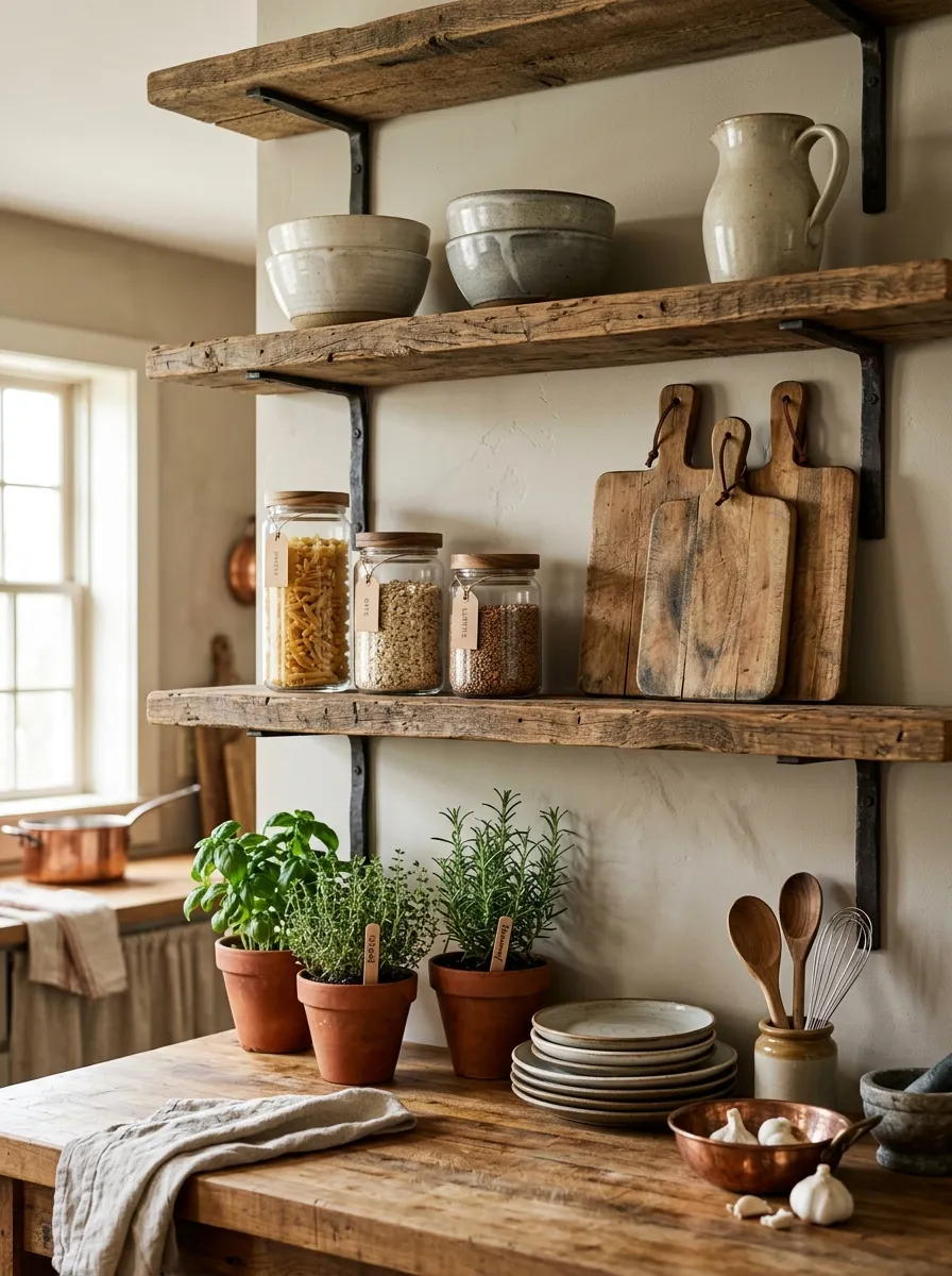 23 Rustic Farmhouse Kitchen Ideas That Use Quiet Design Rules to Create a Timeless Look 3 Reclaimed wood open shelves with stoneware, cutting boards, and herb pots in a warm rustic farmhouse kitchen.