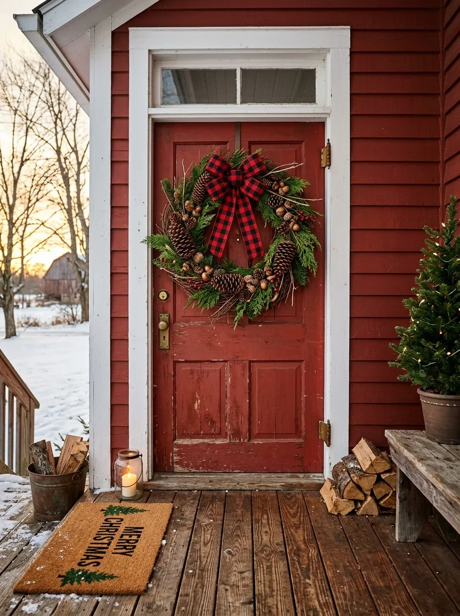 21 Christmas Wreath Ideas That Make Your Front Door the Most Beautiful on the Street 6 A rustic farmhouse Christmas wreath with natural pinecones, cedar sprigs, and a buffalo plaid ribbon bow on a red door