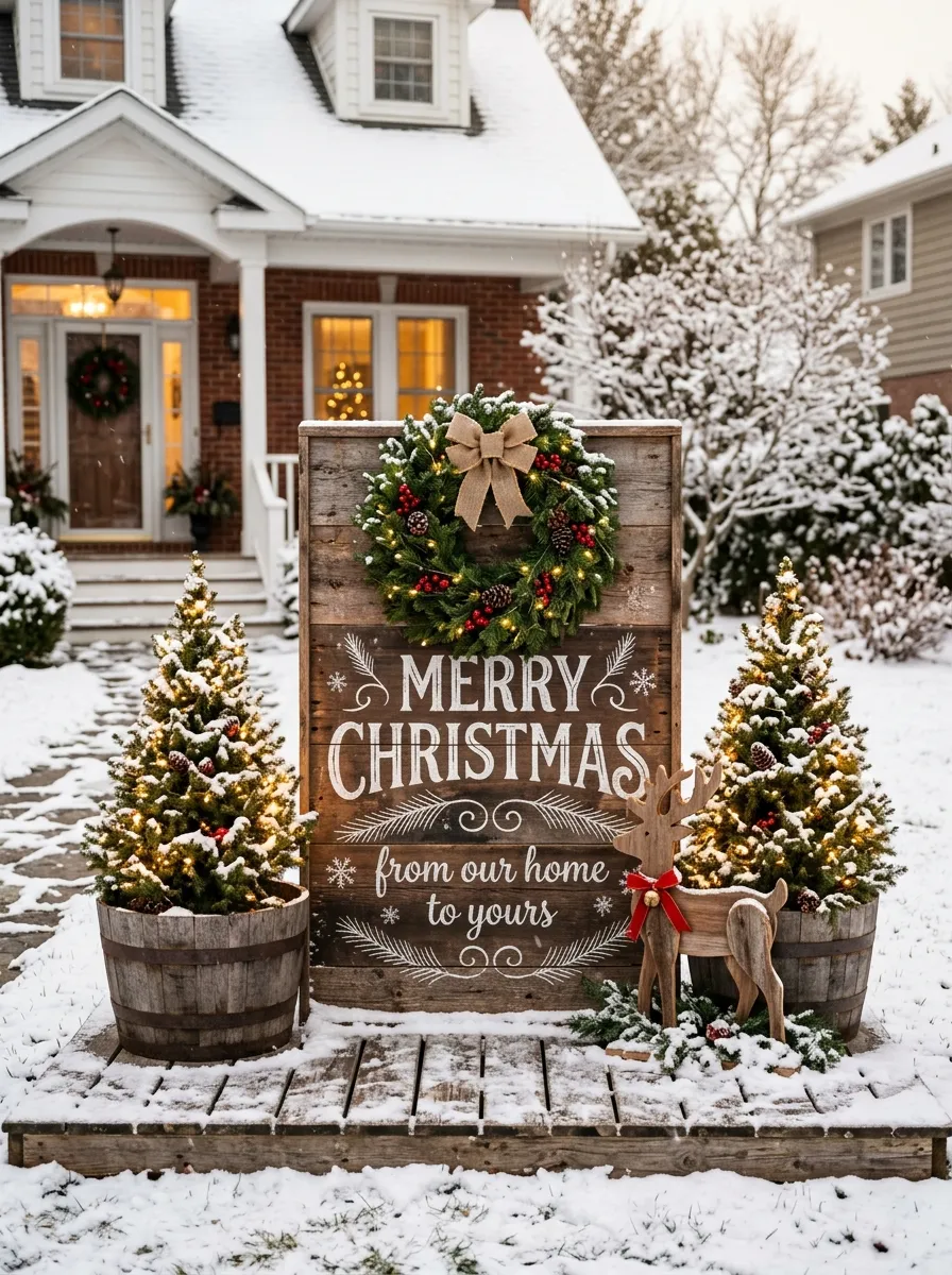 Rustic wooden Christmas sign with barrel evergreens and warm lights as Christmas yard decorating ideas