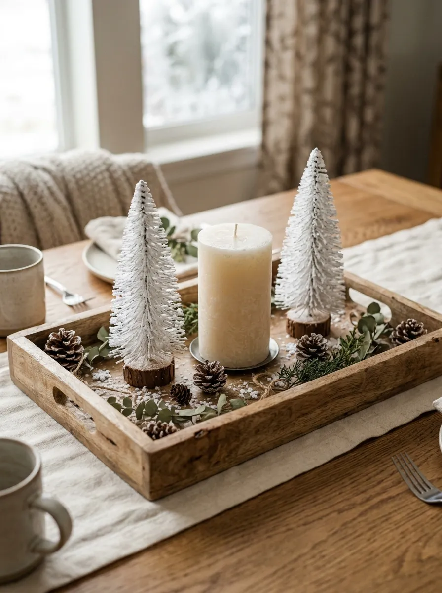 Raw wooden tray holding mini Christmas trees and candles as easy Christmas table decorations