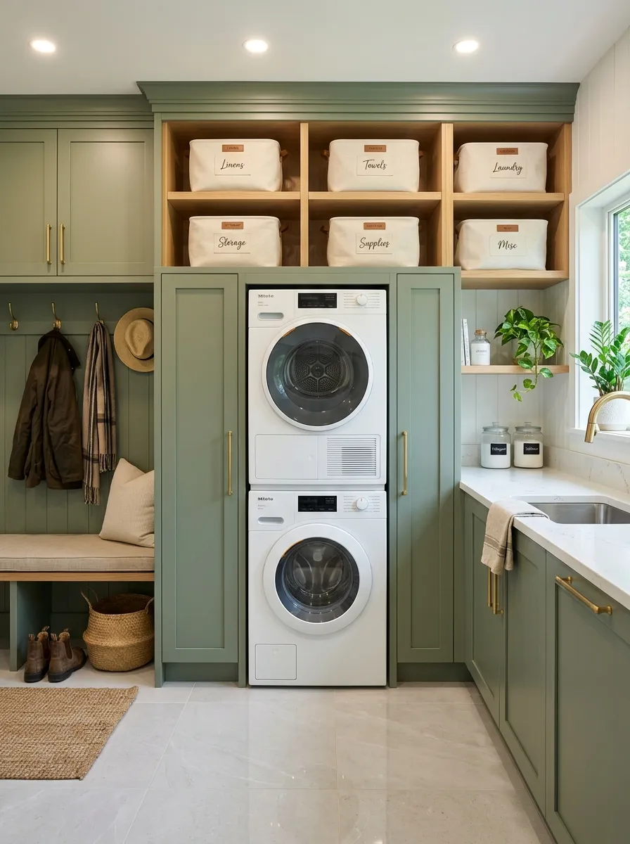 Sage green floor to ceiling built in cabinet mudroom laundry room with stacked appliances and brass hardware