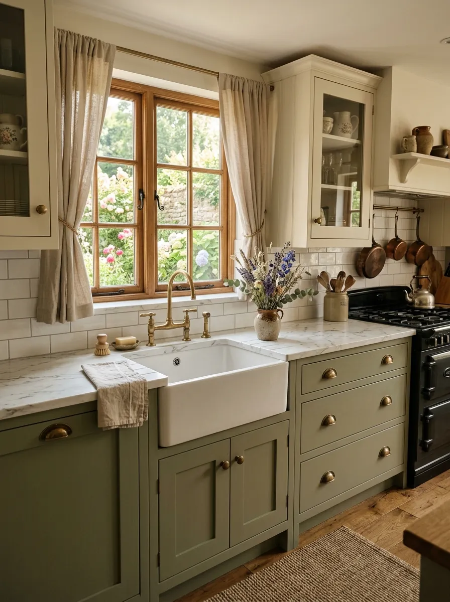 17 Farmhouse Cottage Kitchen Ideas to Master the New Timeless and Cozy Design Aesthetic 8 Sage green lower cabinetry with aged brass hardware and cream upper cabinets in a cozy cottage kitchen style