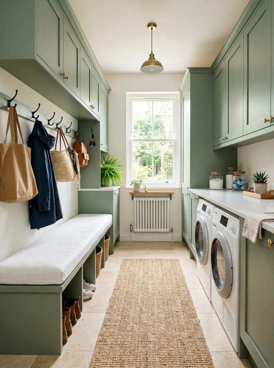 18 Green Laundry Room Ideas That Prove This Color Is More Than Just a Passing Design Trend 11 Sage green combined laundry and mudroom with matching cabinetry, built in bench, matte black hooks, and continuous light stone tile flooring