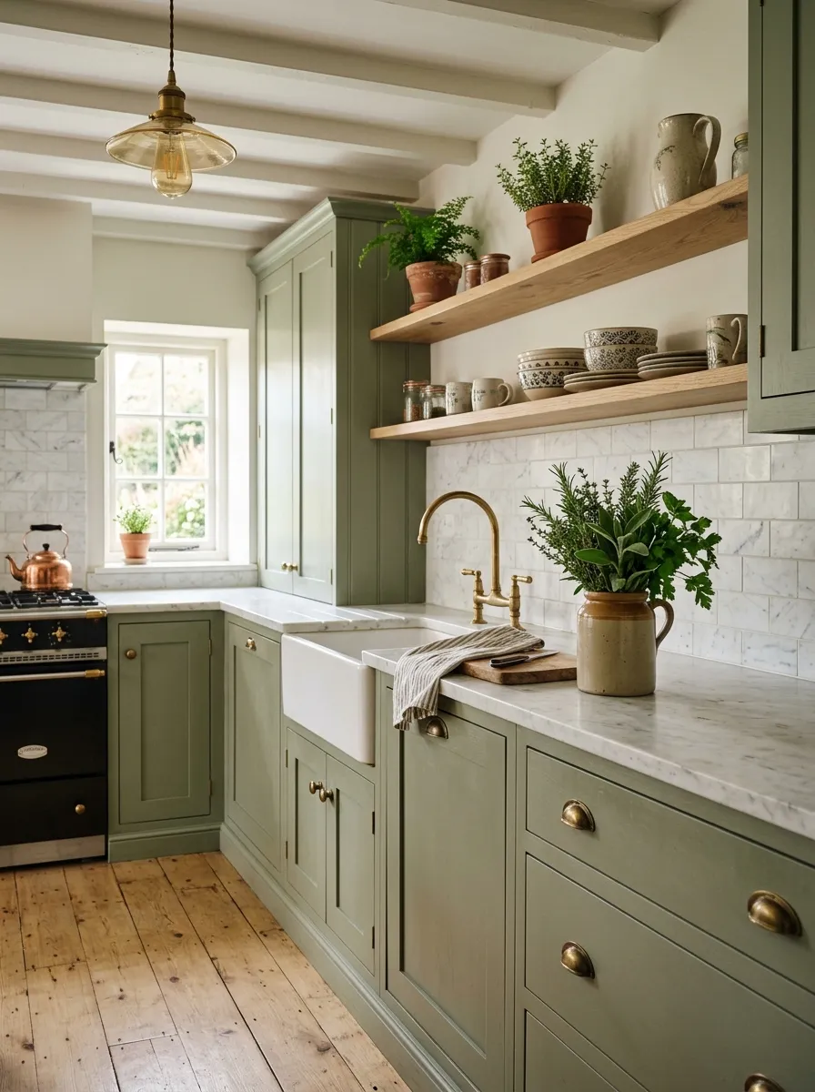 21 Earthy Cottage Decorating Ideas That Transform Your Home Into a Calm and Cozy Retreat 4 Sage green shaker kitchen cabinets with brass hardware and open shelving in an earthy cottage home
