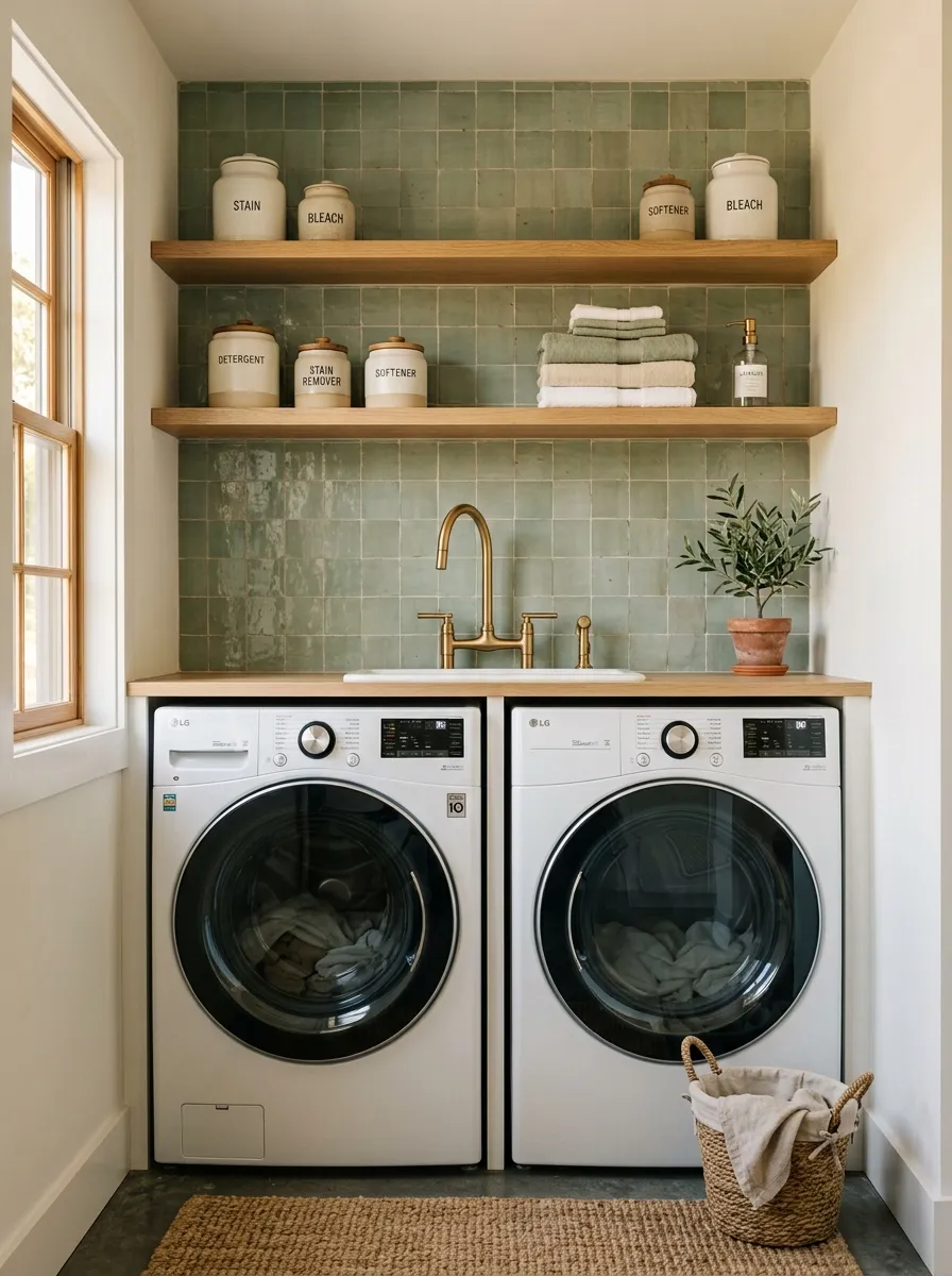 18 Green Laundry Room Ideas That Prove This Color Is More Than Just a Passing Design Trend 3 Sage green tile backsplash in a laundry room with white walls, natural oak shelves, brass fixtures, and white front load appliances