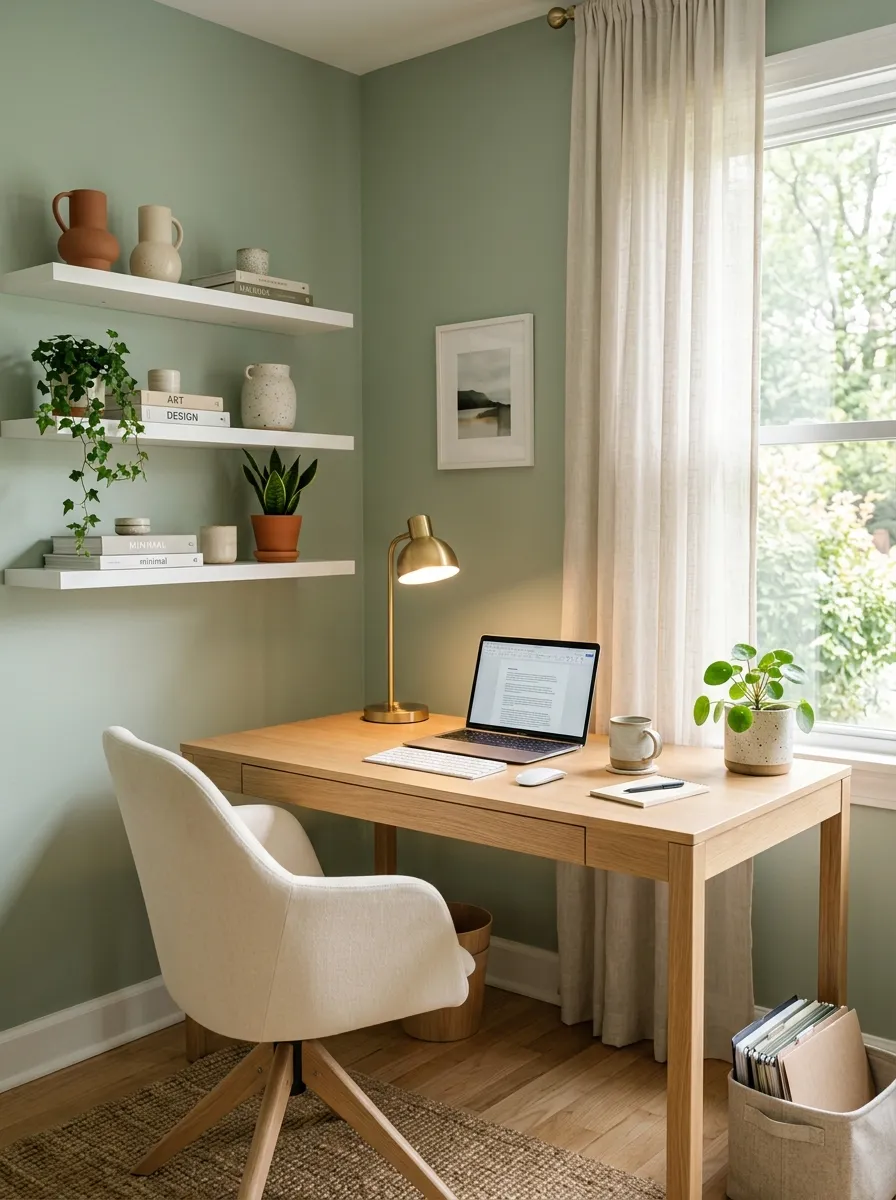 Home office design with soft sage green walls, light wood desk, white floating shelves, cream chair, and brass desk lamp in natural side light