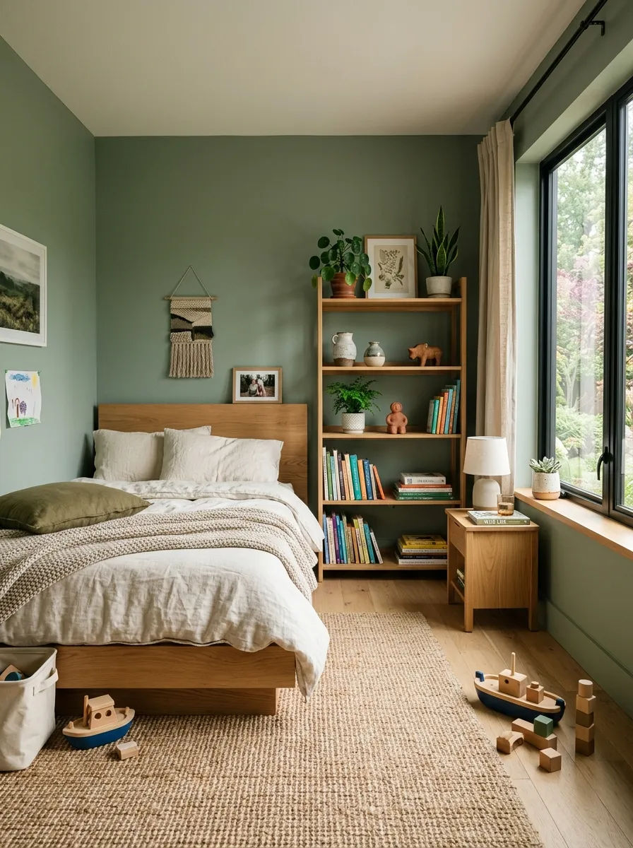 Stylish kids bedroom designs featuring sage green walls, a natural wood platform bed, and earthy woven rug textures
