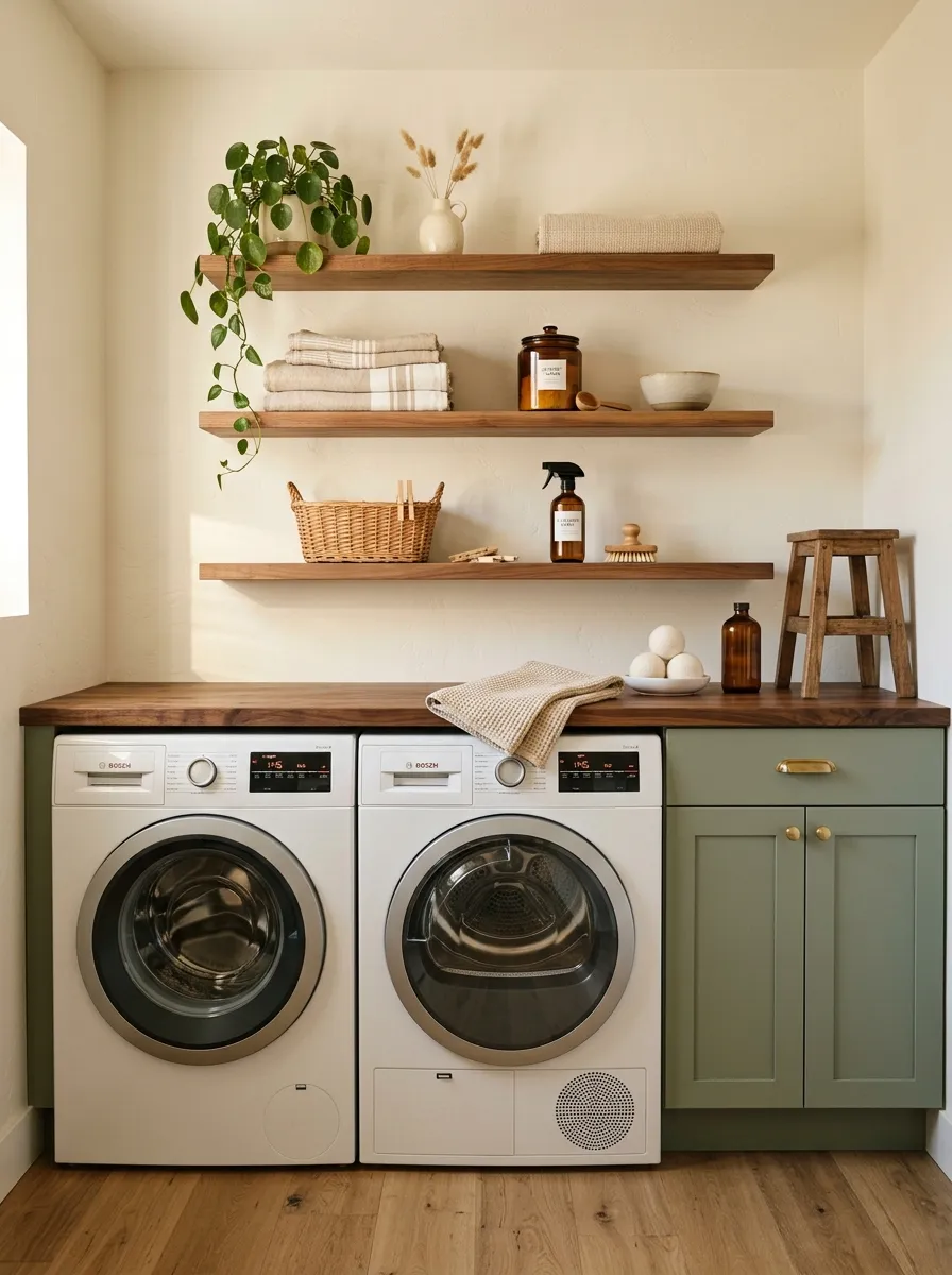 18 Green Laundry Room Ideas That Prove This Color Is More Than Just a Passing Design Trend 16 Sage green laundry room with butcher block countertop, natural walnut floating shelves, ceramic vessels, white walls, and small wooden step stool