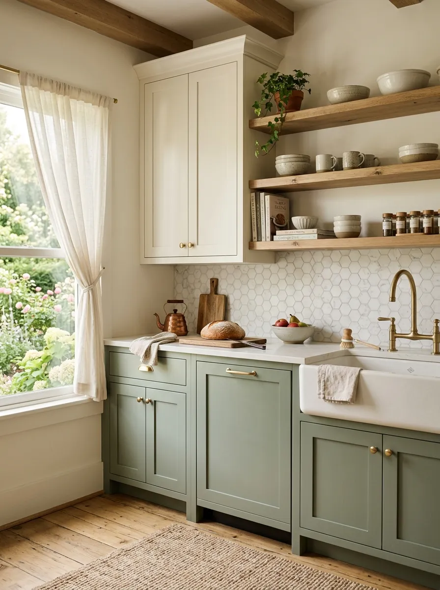 Sage green lower cabinets with gold hardware and white upper cabinets in a warm farmhouse kitchen charm setting