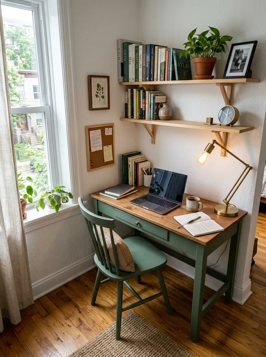 22 Colorful Apartment Decorating Ideas That Make Every Room Feel Bold, Stylish, and Cohesive 15 Deep sage green painted wooden desk and chair in a bright apartment home office corner with brass lamp and open shelving