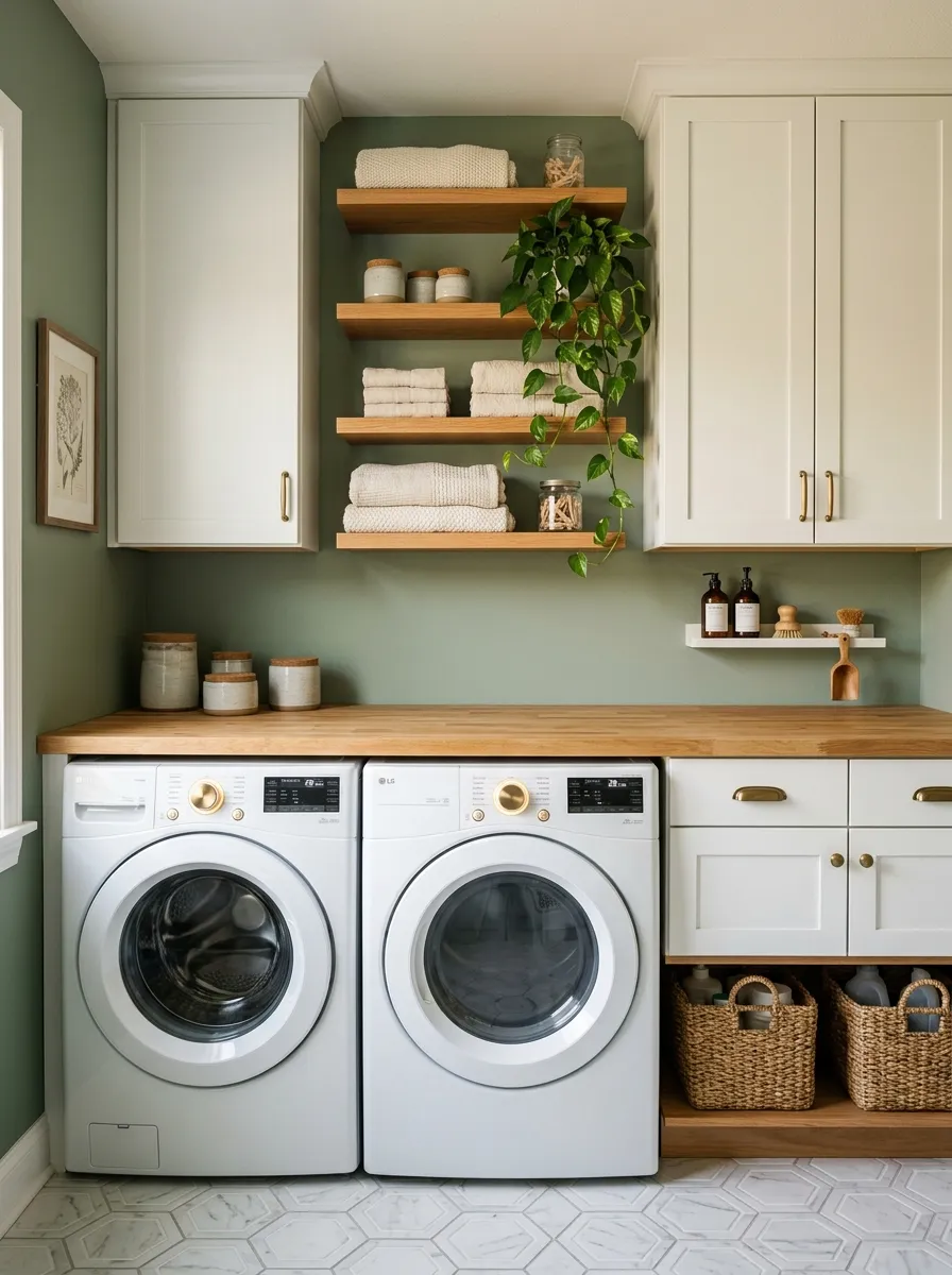 18 Green Laundry Room Ideas That Prove This Color Is More Than Just a Passing Design Trend 1 Sage green laundry room walls with white shaker cabinets, brass hardware, warm wood shelves, and potted trailing plant in soft natural light