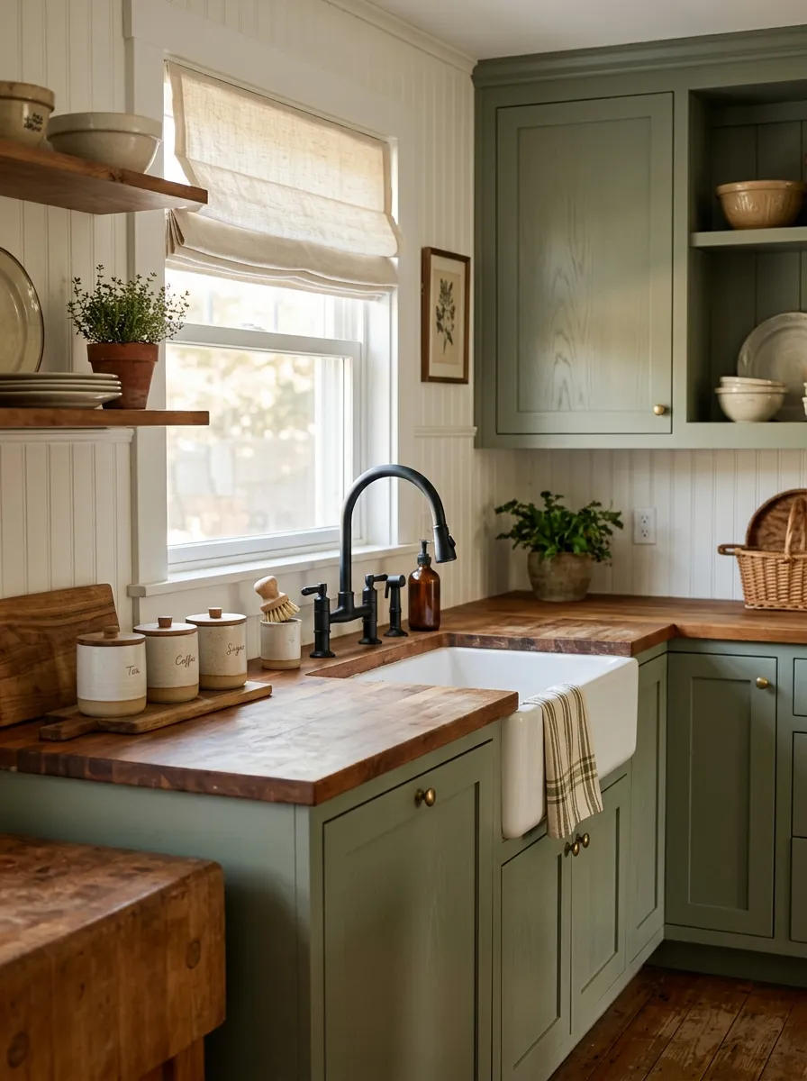 Sage green shaker cabinets with butcher block countertops, matte black hardware, and cream accents in a cozy cottagecore kitchen