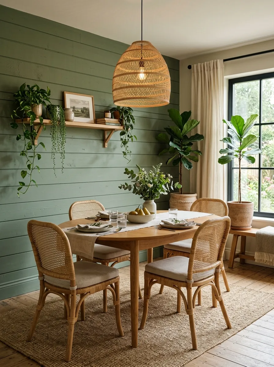 Modern farmhouse dining room with sage green shiplap accent wall, honey oak oval table, rattan chairs, and woven pendant light