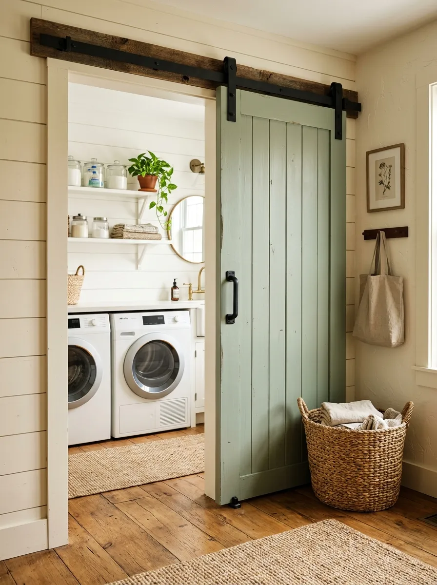 Sage green sliding barn door with black hardware opening into a bright rustic laundry room with warm wood floors
