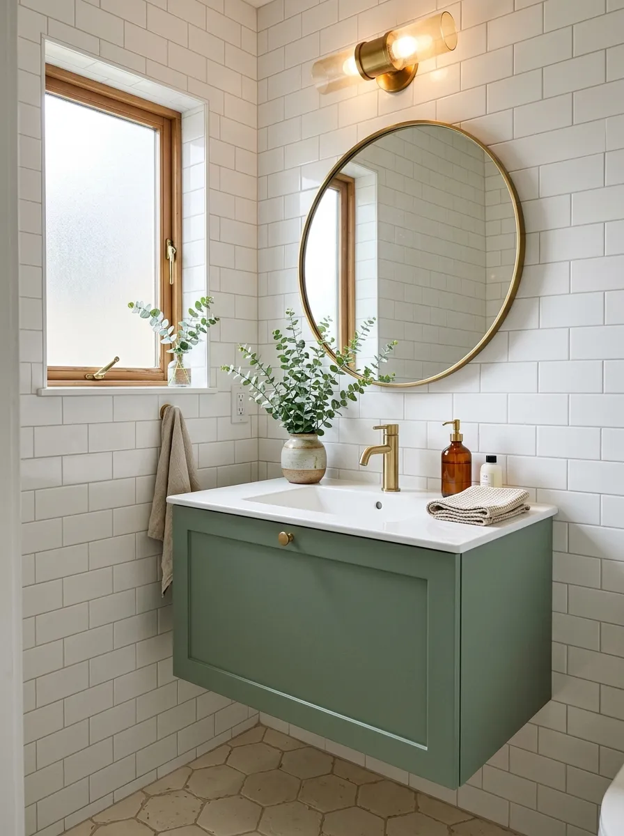 Matte sage green vanity with brushed gold hardware and round brass mirror in a styled guest bathroom